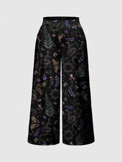 Goth Dark Gothic Mysterious Witch Moth Leaf Plant Butterfly Snake Sun Moon Star Wide Leg Pants For Women