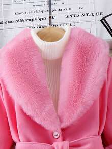SHEIN Elladie kids 女童仿毛领大衣，优雅可爱，适合年轻女孩冬季穿着。优雅女童外套，抓绒外套，秋冬季女童连衣裙，女童大衣。 - 西瓜粉 - 查看 4