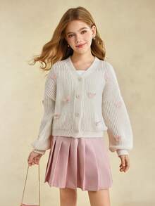 少女Y2K闪亮粉色3D蝴蝶贴花V领开衫，时尚返校季，秋冬季 - 米色 - 查看 1