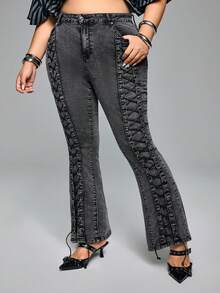 ROMWE Quần jeans ống loe buộc dây kiểu Gothic cỡ lớn, phong cách đường phố Gothic, quần denim nữ cỡ lớn mùa thu/đông - màu đen - Xem 4