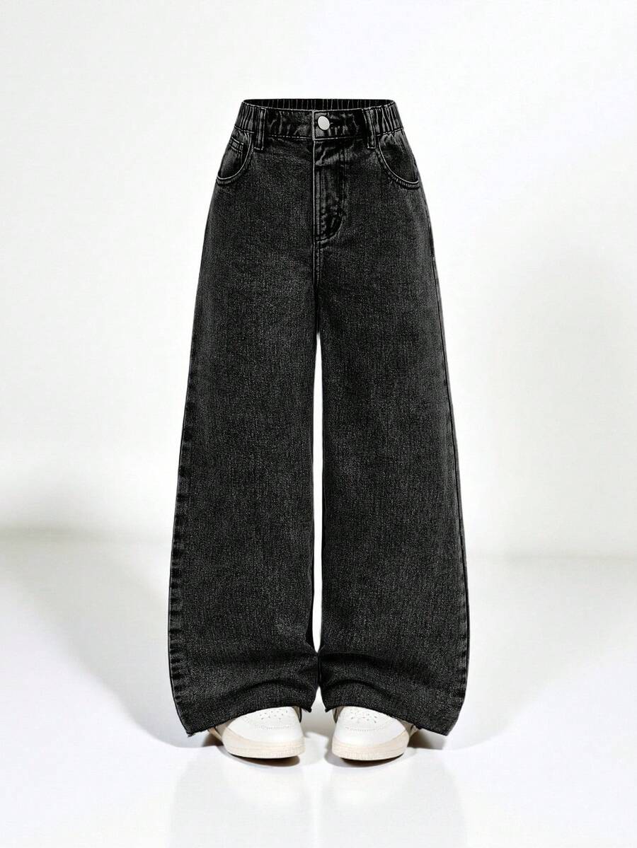 SHEIN Casuvi Kids 青少年女孩宽松破洞下摆阔腿牛仔裤,带口袋 - 深灰色 - 查看 1