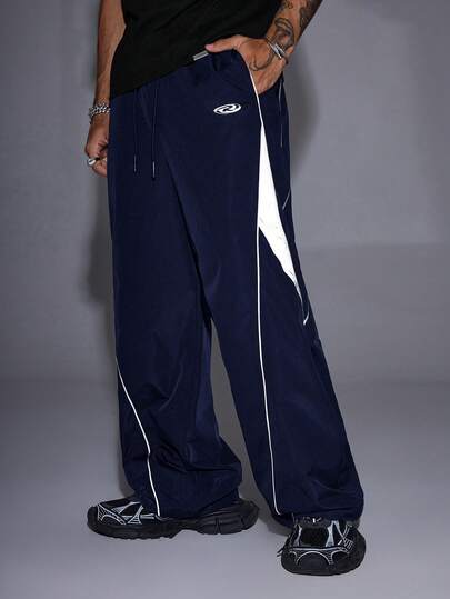 AXEPEAK Men's Loose Fit Contrast Color Drawstring Waist Straight Leg Woven Pants