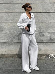 DAZY Conjunto de ropa de estar en casa de mujer con estampado de letras en felpa, conjunto de ropa de estar cómoda para el invierno - Gris - Ver 4