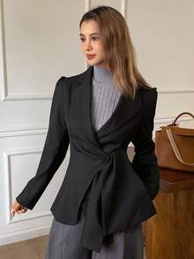 DAZY Women's Tie-Up Wrap-Around Collar Long Sleeve Casual Blazer Business Attire Western Outfits For Women - Black - View 6