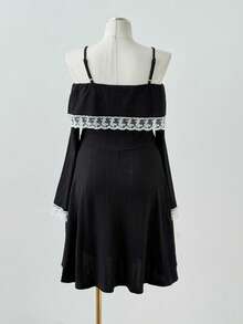 Sunspun Plus Size Elegant Lace Trim Off-Shoulder Camisole Dress - Black - View 2