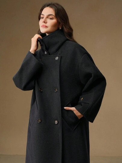Anewsta 女装秋冬新款高端优雅宽松立领中长款深色大衣，适合外出、正式、派对、别致、新年、圣诞节、工作、毕业、婚礼