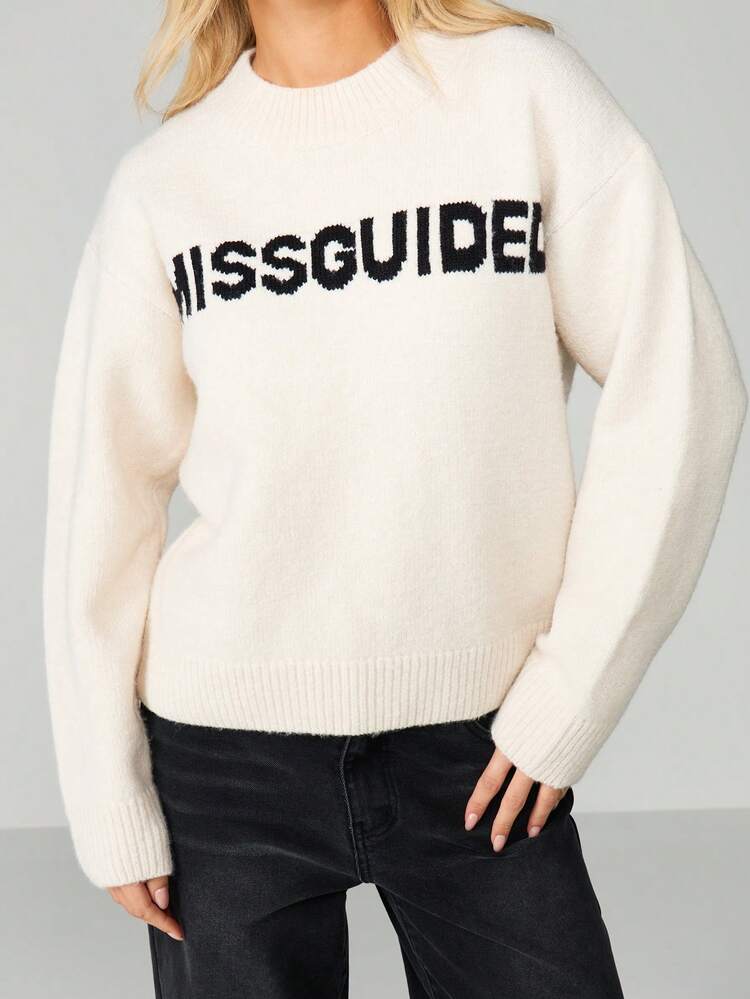 MISSGUIDED Crew Neck Long Sleeve Knit Sweater With Text Print For Casual Winter Wear