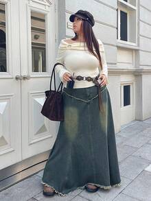 SHEIN EZwear Váy ngắn ôm sát denim chắp vá tua rua màu xanh phong cách cowgirl cỡ lớn cho nữ, trang phục mùa đông - Rửa trung bình - Xem 3