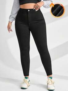 SHEIN CURVE+ Plus Size Women Cowgirl Casual Black Elastic Skinny 7/8 Pants, Rodeo - Black - View 6