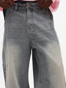 SUMWON 阔腿滑板裤，拼接细节，复古水洗牛仔街头风宽松裤，纯色 - 藍色 - 查看 6