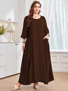 Al Najma Women's Loose Fit Round Neck 3/4 Sleeve Dress With Large Pockets, Comfortable , Casual Daily Wear, Plus Size - Rust Brown - View 6