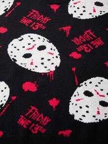 ROMWE MEN Friday the 13th X ROMWE 男士休闲时尚街头宽松超大口罩图案毛衣，秋冬 - 黑色 - 查看 5