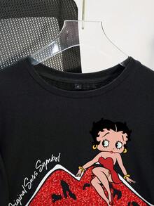 Betty Boop x SHEIN 女士休闲宽松圆领短袖T恤，适合夏季 - 黑色 - 查看 4