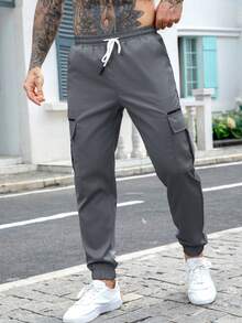 Manfinity Homme 男士成熟街头风弹力腰带抽绳工装裤 灰色工装裤 男士休闲工装慢跑裤 男士休闲裤 男士工装裤 - 深灰色 - 查看 3