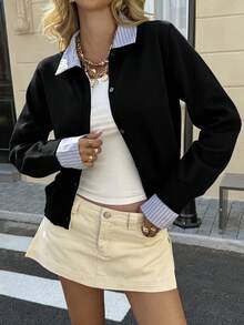 DAZY 女式撞色条纹拼布二合一休闲开衫 - 黑色 - 查看 3