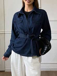 DAZY 女士翻领系带裹身式休闲牛仔长袖衬衫 - 中等水洗藍 - 查看 4