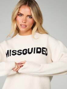 MISSGUIDED Crew Neck Long Sleeve Knit Sweater With Text Print For Casual Winter Wear - Apricot - View 4