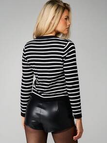 MISSGUIDED Striped Button Front Cardigan With Round Neck Long Sleeves - Black and White - View 2