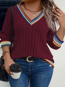 EMERY ROSE Women's V-Neck Patchwork Vintage Print Long Sleeve Plus Size Sweatshirt, Autumn/Winter - Burgundy - View 1