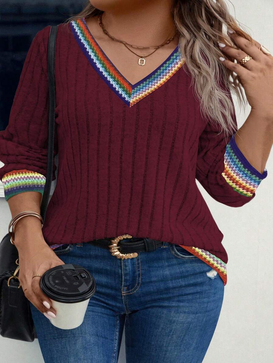 EMERY ROSE Women's V-Neck Patchwork Vintage Print Long Sleeve Plus Size Sweatshirt, Autumn/Winter - Burgundy - View 1