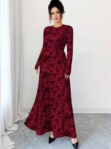 Modelyn Váy chữ A cổ tròn tay dài in họa tiết hoa màu đen thời trang dành cho nữ, mùa xuân/thu - Nhiều màu - Xem 3