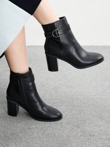 CUCCOO BIZCHIC Bottes mi-mollet à talon épais noir de base pour femmes - Noir - Voir 1