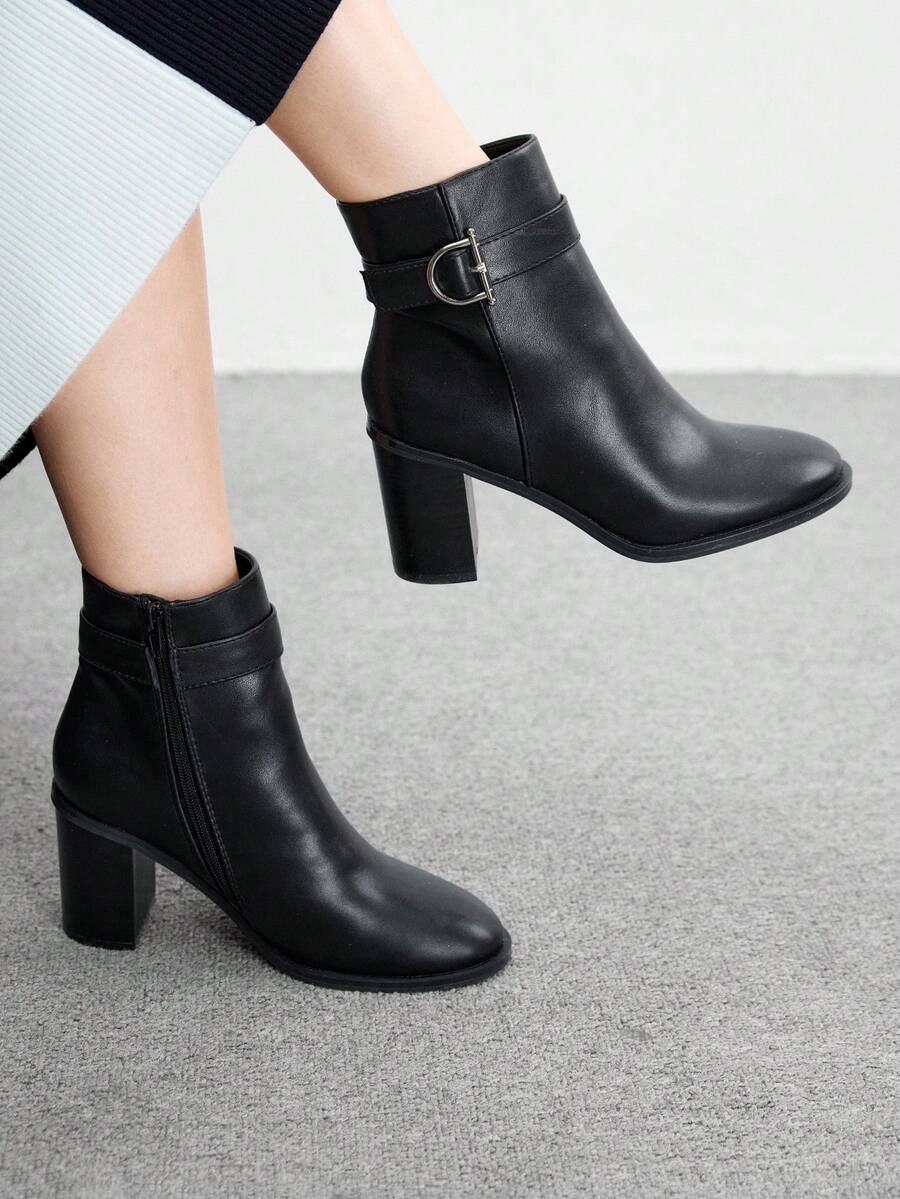 CUCCOO BIZCHIC Bottes mi-mollet à talon épais noir de base pour femmes - Noir - Voir 1