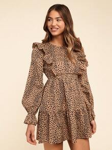 Coeurva 女式豹纹拼布荷叶边下摆休闲长袖连衣裙 - 棕色 - 查看 2