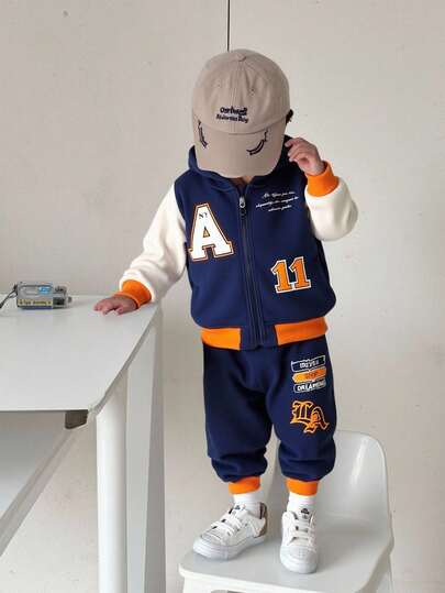 SHEIN 2pcs/Set Baby Boy Autumn Casual Navy Blue & Apricot Contrast Letter & Number Print Zipper Hoodie Jacket Paired With Elastic Waist Pants Set, Easy To Wear & Suitable For Outings Baby Boy Hoodie Set Baby Boy Track Suit Baby Boy Winter Outfit Set Baby Boy Clothes Set Winter Baby Boy Winter Clothes Baby Boy Fall Outfit
