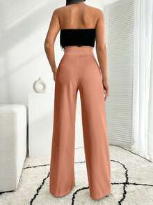 EURMUSE White Wide Leg Pallazzo Pant With Button Detail - Coral Pink - View 5