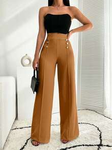 EURMUSE Pantalón palazzo de pierna ancha blanco con detalle de botones - Camel - Ver 7