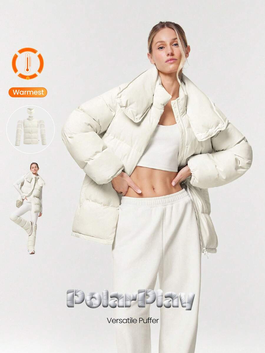 GLOWMODE Jachetă pufoasă PolarPlay, moale, caldă, rece, hidrofugă, ușoară, cu manșete reglabile, talie, mâneci detașabile, guler, toamnă și iarnă, pentru exterior, zilnic, casual