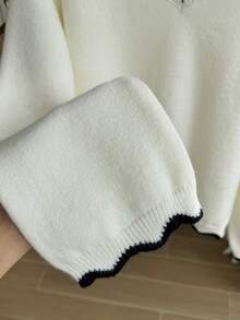 少女荷叶边 V 领宽松长袖毛绒保暖分层毛衣，休闲百搭返校套头衫，罗纹下摆撞色针织毛衣，乳白色 - 米色 - 查看 4