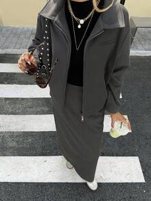 DAZY Women's Autumn/Winter Zip-Up Cardigan With Collar And Straight Long Skirt 2 Pieces Casual Set - Dark Grey - View 1