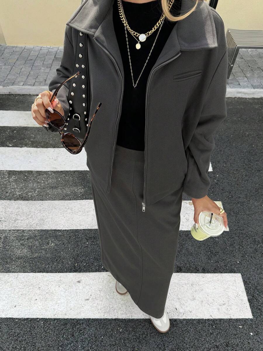DAZY Women's Autumn/Winter Zip-Up Cardigan With Collar And Straight Long Skirt 2 Pieces Casual Set - Dark Grey - View 1