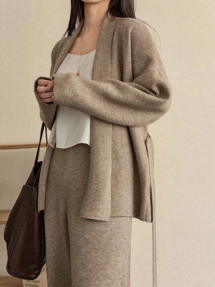 Women's Loose Business Casual Elegant Cardigan Knit Top And Straight Leg Pants 2 Pieces Set, Autumn/Winter