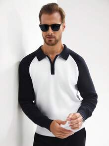 Manfinity CityGents Áo len nam cổ polo tay raglan có khóa kéo màu tương phản, thường ngày, thu/đông - Xanh đậm - Xem 4
