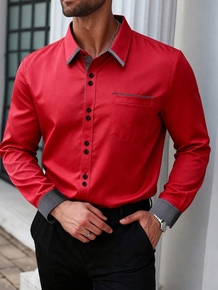 Manfinity Mode Chemise à manches longues décontracté pour hommes grande taille avec bordure contrastée, boutons, convient pour les déplacements, automne - Rouge - Voir 1