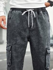 Manfinity Homme 男款棉質拉鍊口袋束腰貨物牛仔褲，寬鬆款洗水牛仔運動褲，純色深灰色健身訓練友 - 深灰色 - 查看 6