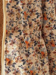 SHEIN Vintaside Kids 1件装 女童冬季新款 2025 复古卡其色碎花保暖连帽拉链卫衣，带松紧腰带，多功能加厚保暖外套