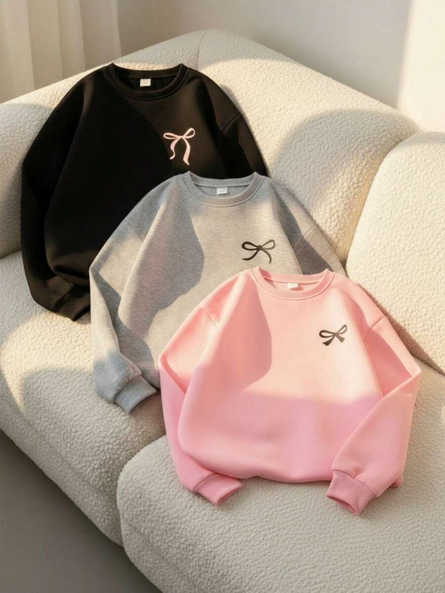Set de 3 sudaderas de manga larga con cuello redondo con estampado de mariposas en negro, blanco y gris, adecuadas para ocasiones casuales como uso diario, salidas, viajes, apropiadas para niñas adolescentes de 13 a 16 años