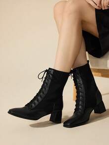 CUCCOO BASICS 女士尖头系带高跟中筒时尚靴，适合圣诞节穿着 - 黑色 - 查看 3