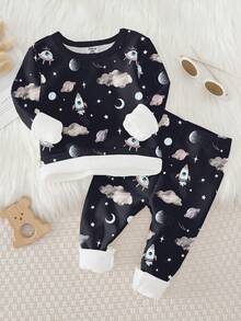 2 件套幼儿男童宇航员卡通印花弹力针织面料柔软长袖上衣和裤子舒适保暖内衣套装，秋冬 - 彩色 - 查看 6