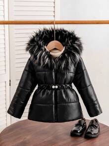 Young Girl Fashionable Thick Hooded Waist Cinching Jacket, Suitable For Daily Casual Wear In Autumn And Winter