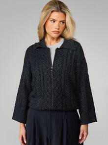 MISSGUIDED Cable Knit Zip Front Cardigan With Ribbed Collar And Cuffs For Fall Winter - Dark Grey - View 4