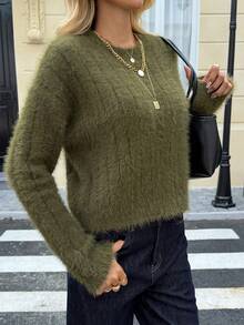 Livesso Loose Casual Business Style Fuzzy Short Knit Sweater, Green, Suitable For Autumn, Winter, New Year, Christmas