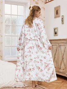 CottageSlumber Romantic Floral Print Lace Trim Camisole Nightgown And Robe Satin Pajama Set, Winter Clothes - Multicolor - View 2