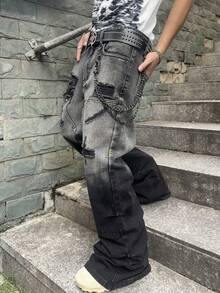 Manfinity EMRG Men's Loose Ripped Pocket Wide-Leg Casual Denim Jeans, Frayed Jeans Plain Long Baggy Black Cargo Jeans, For Husband, Boyfriend Gifts Going Out Hang Out Commute Street Vacation, Emo Style - Black - View 3