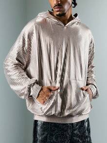 ROMWE MEN Street Life Men's Textured Long Sleeve Pocket Casual Hoodie Sweatshirt, For Autumn - Silver - View 4