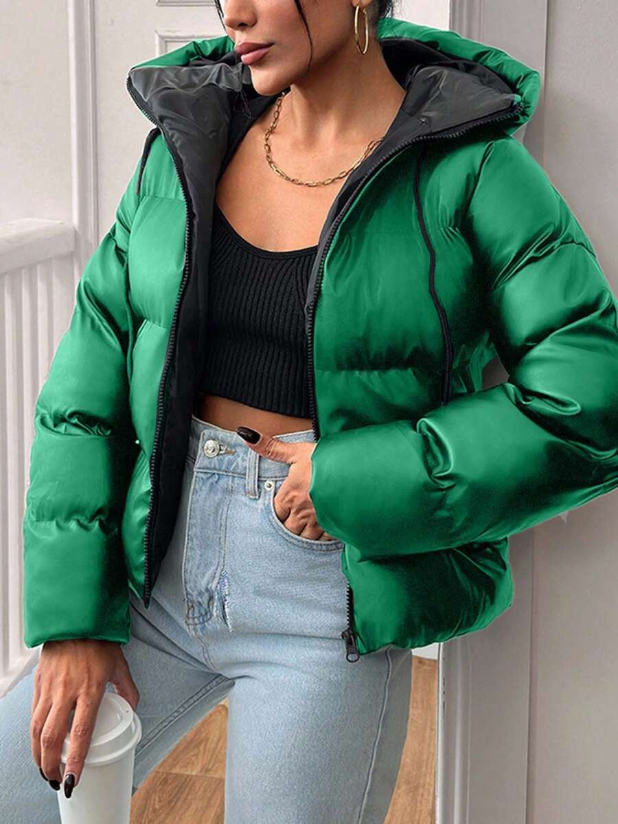 EURMUSE Women's Solid Color Hooded Jacket, Fashionable And Versatile, Autumn/Winter - Dark Green - View 1